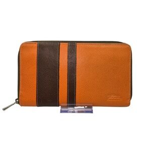 Longchamp Orange Brown Striped Pebbled Leather Zip Travel Wallet Organizer